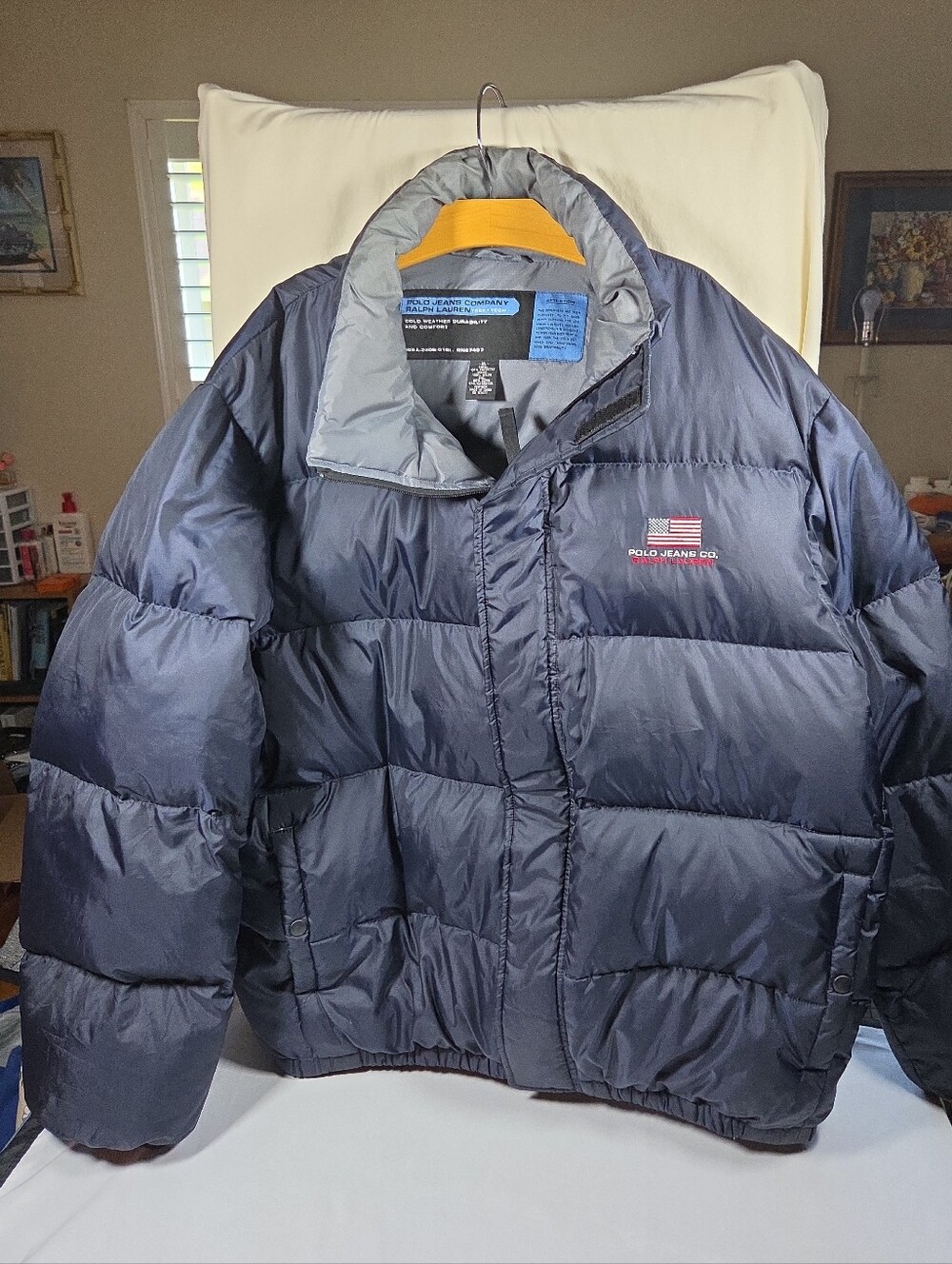 Vtg 90s Polo Jeans Co Ralph Lauren Down Puffer Jacket Navy Blue Flag Mens XL